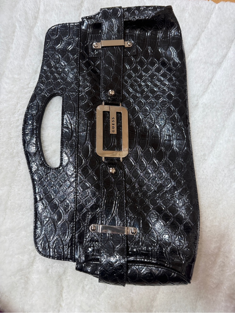 GUESS Black Croc Embossed Oversized Clutch Cutout Handle Y2K Bag Large